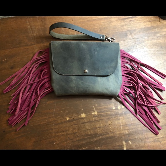 Hand made, grey and hot pink wristlet